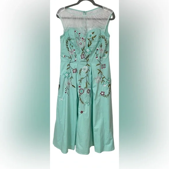 Eshakti Dress Size Large 12 Embroidered Teal Sheer Neckline Floral Lined - Picture 1 of 11